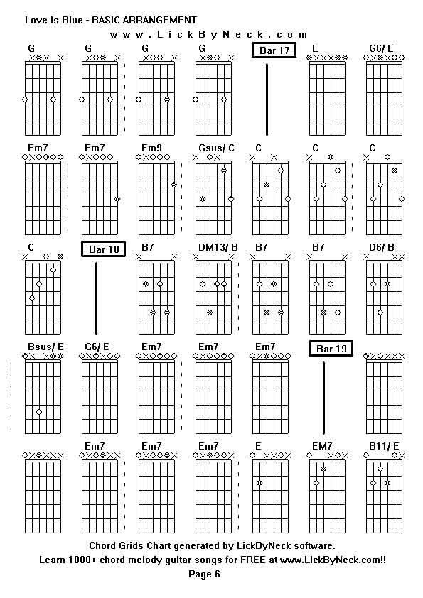 Chord Grids Chart of chord melody fingerstyle guitar song-Love Is Blue - BASIC ARRANGEMENT,generated by LickByNeck software.